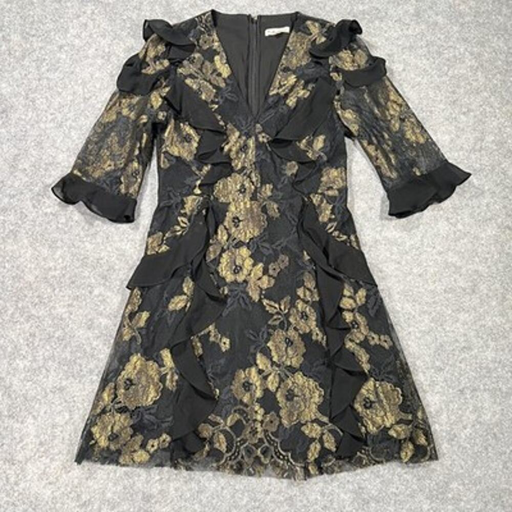 For Love & Lemons Dress Womens S Black Metallic Floral Lace Ruffle Mini Party